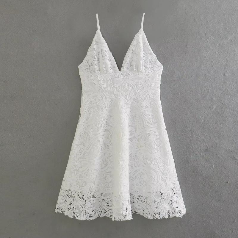 Cyrish White V- Neck  Floral Embroidery Mini Dress