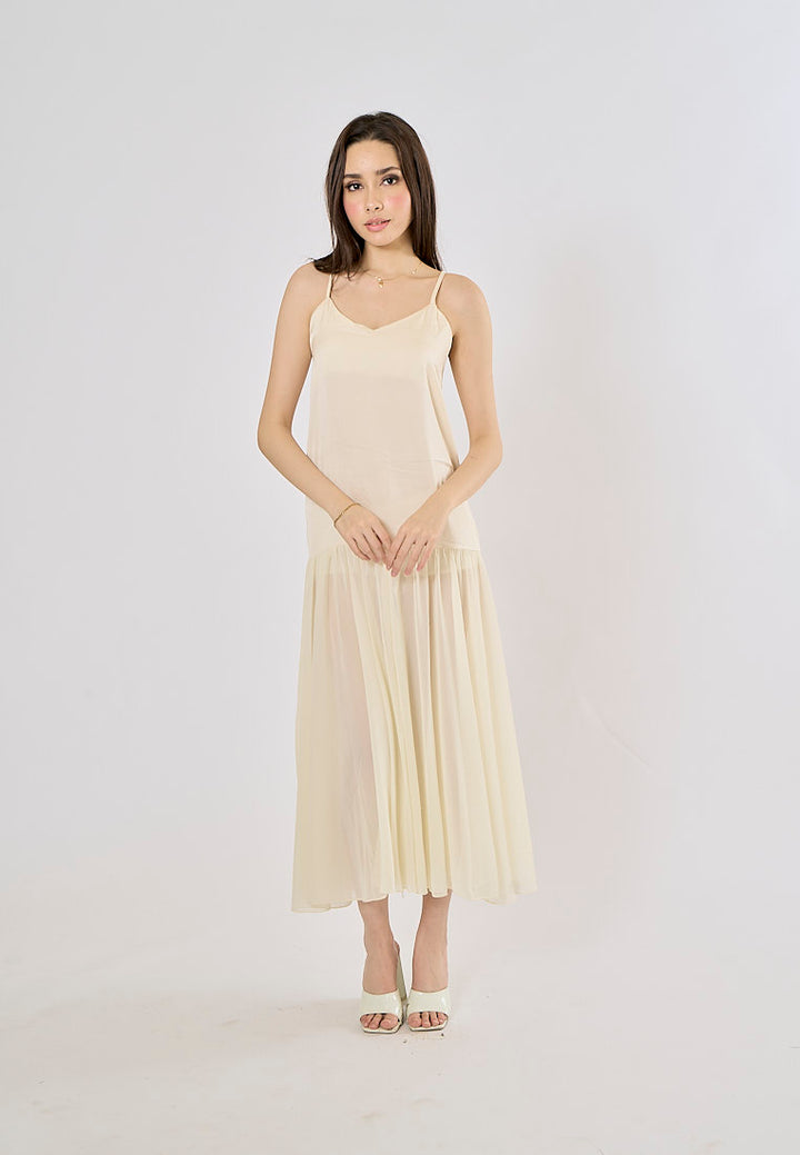 Cecilia Beige Patchwork Design Midi Dress
