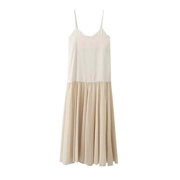 Cecilia Beige Patchwork Design Midi Dress