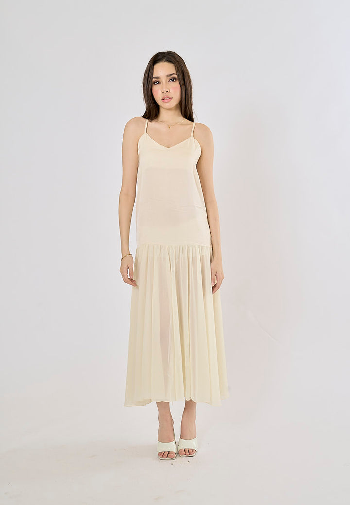 Cecilia Beige Patchwork Design Midi Dress