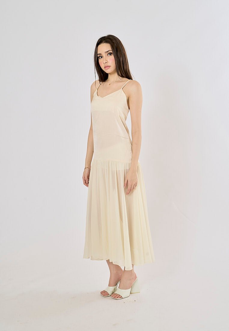 Cecilia Beige Patchwork Design Midi Dress