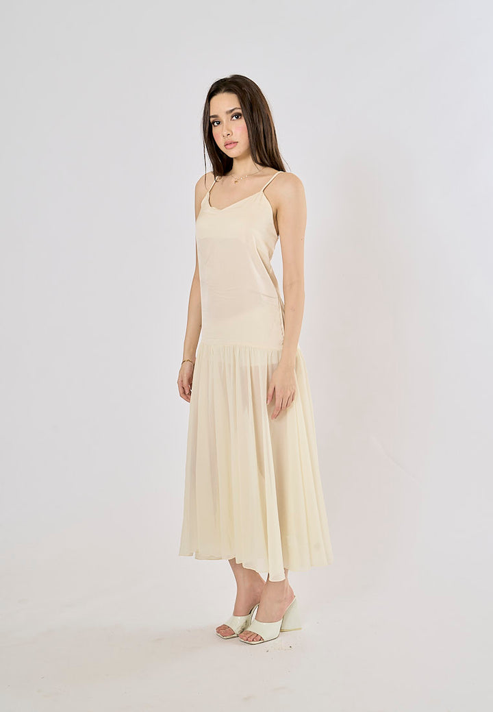 Cecilia Beige Patchwork Design Midi Dress