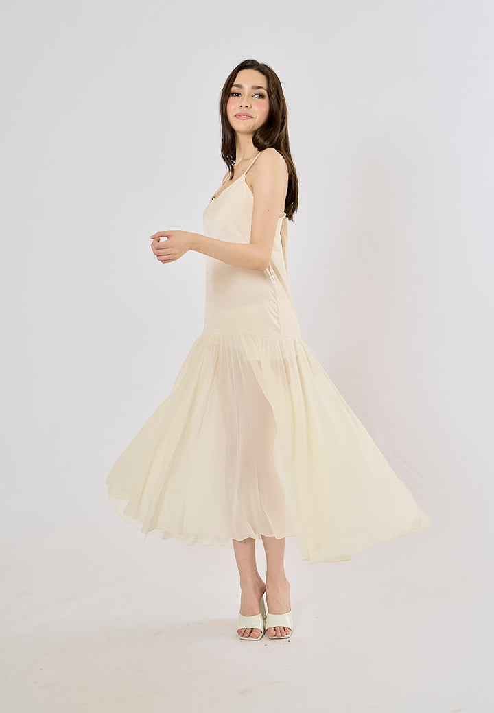 Cecilia Beige Patchwork Design Midi Dress