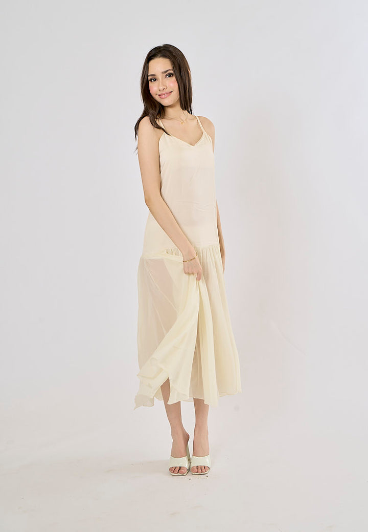 Cecilia Beige Patchwork Design Midi Dress