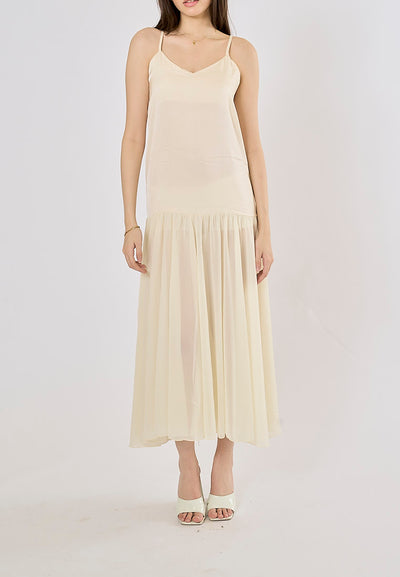 Cecilia Beige Patchwork Design Midi Dress
