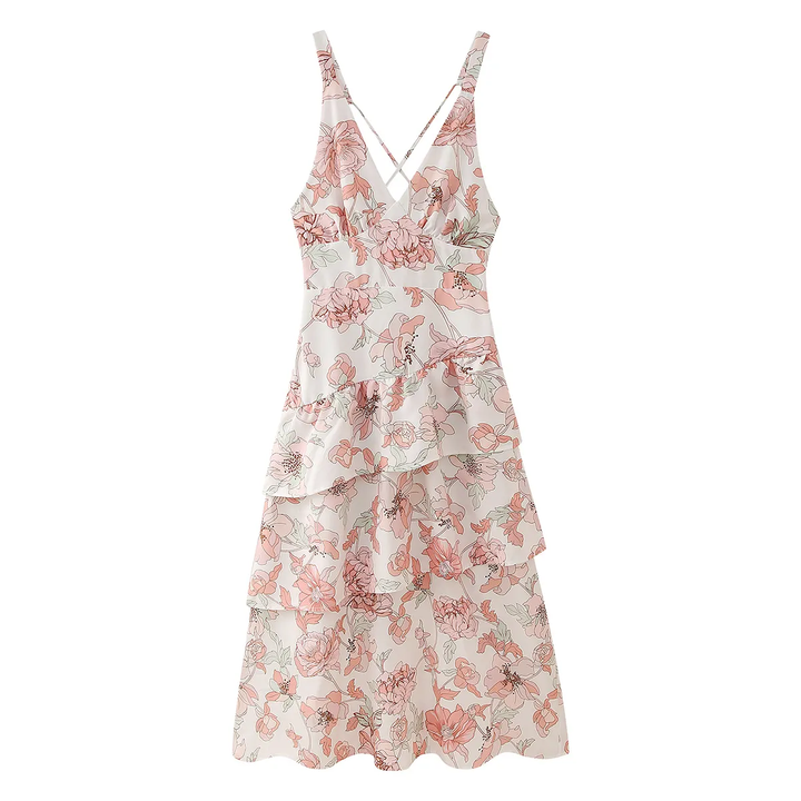 Cabatta Pink Coral Floral Print V- Neck Layered Midi Dress