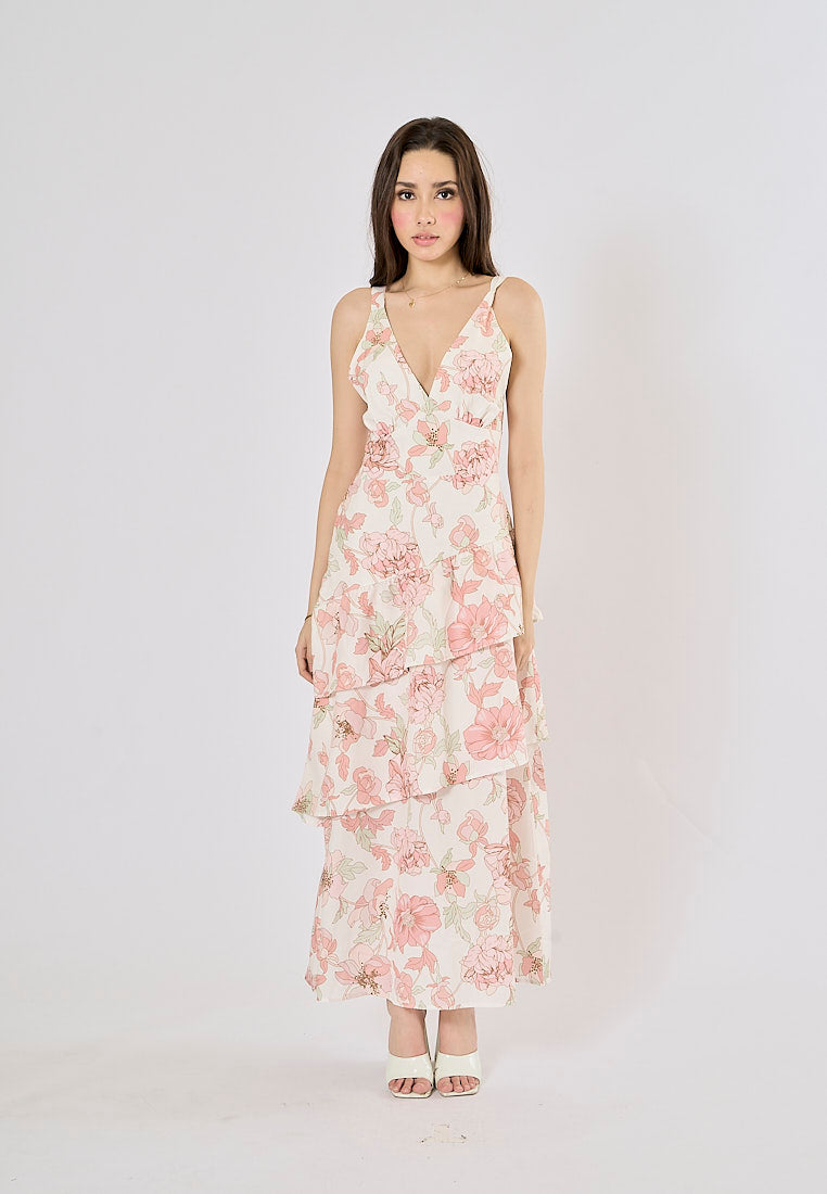Cabatta Pink Coral Floral Print V- Neck Layered Midi Dress