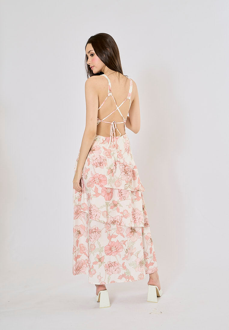 Cabatta Pink Coral Floral Print V- Neck Layered Midi Dress