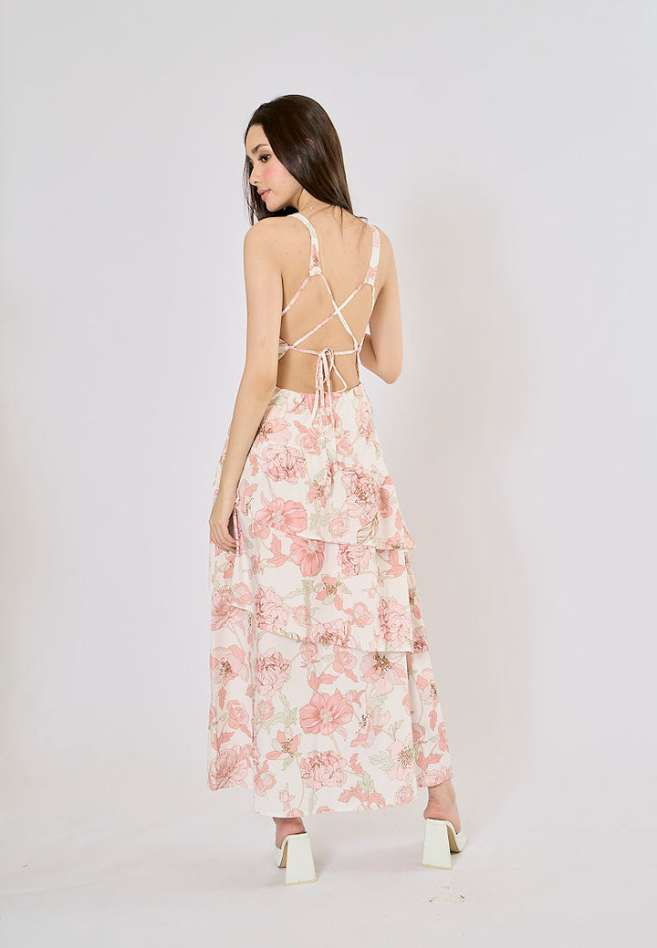 Cabatta Pink Coral Floral Print V- Neck Layered Midi Dress