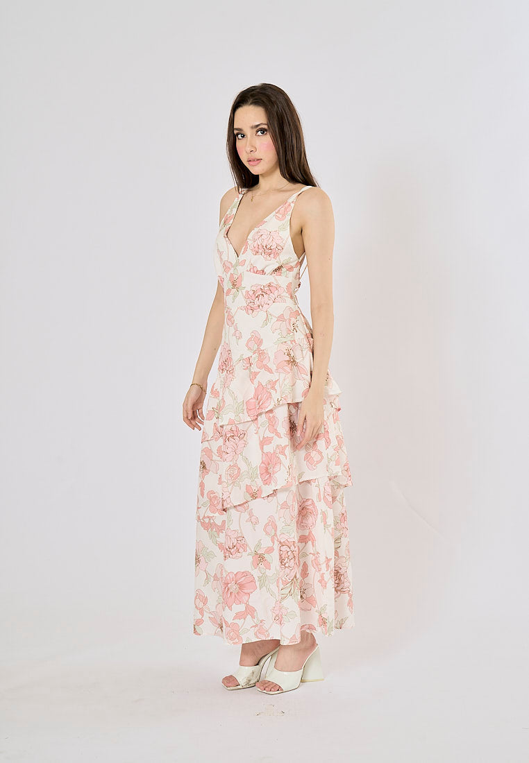 Cabatta Pink Coral Floral Print V- Neck Layered Midi Dress