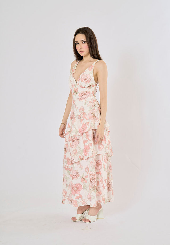 Cabatta Pink Coral Floral Print V- Neck Layered Midi Dress