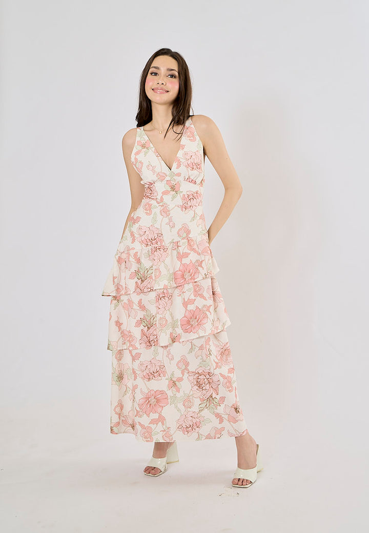Cabatta Pink Coral Floral Print V- Neck Layered Midi Dress