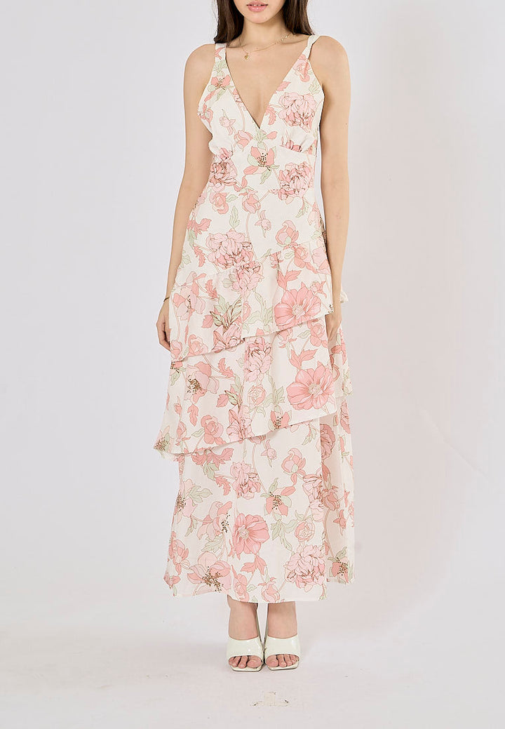 Cabatta Pink Coral Floral Print V- Neck Layered Midi Dress