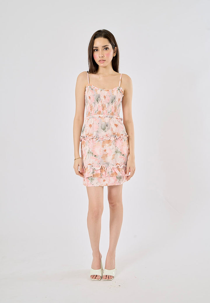 Malibu Pink Floral Print Smocked Mini Dress