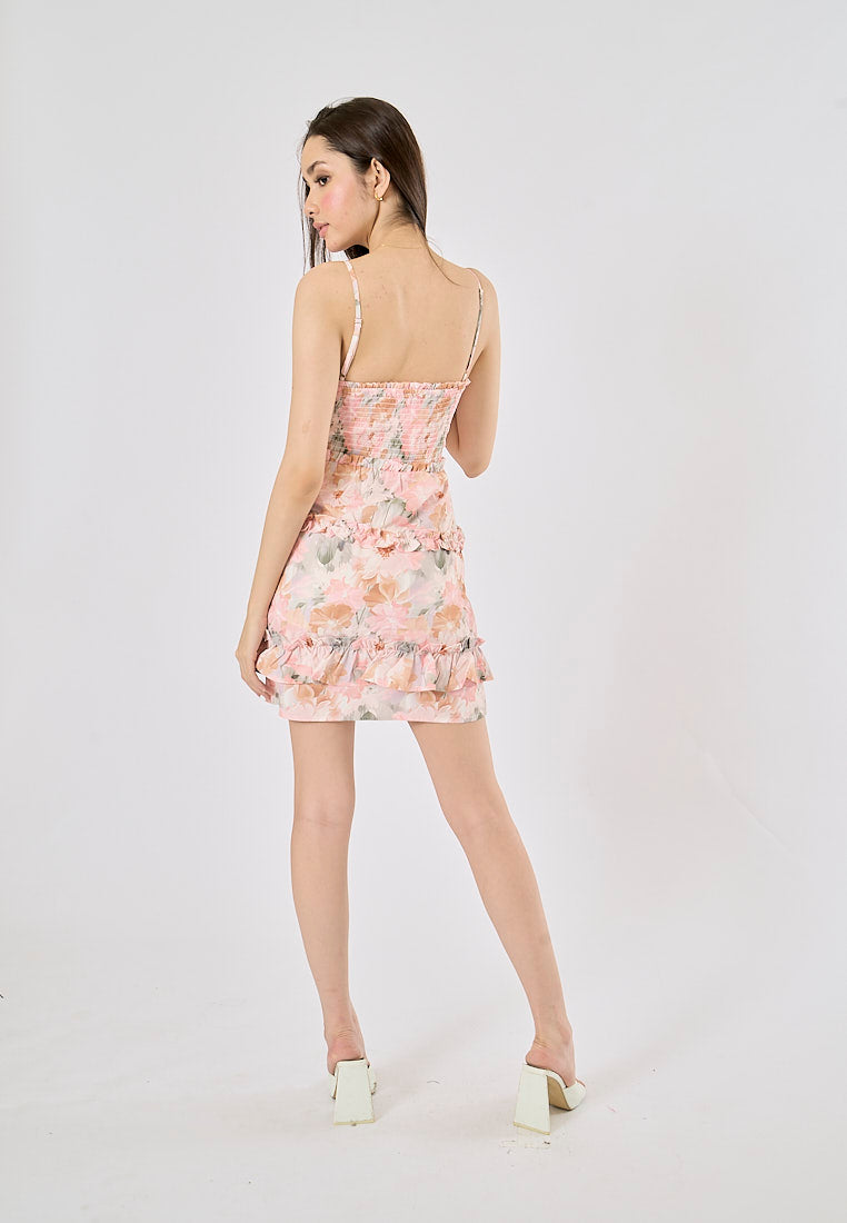 Malibu Pink Floral Print Smocked Mini Dress