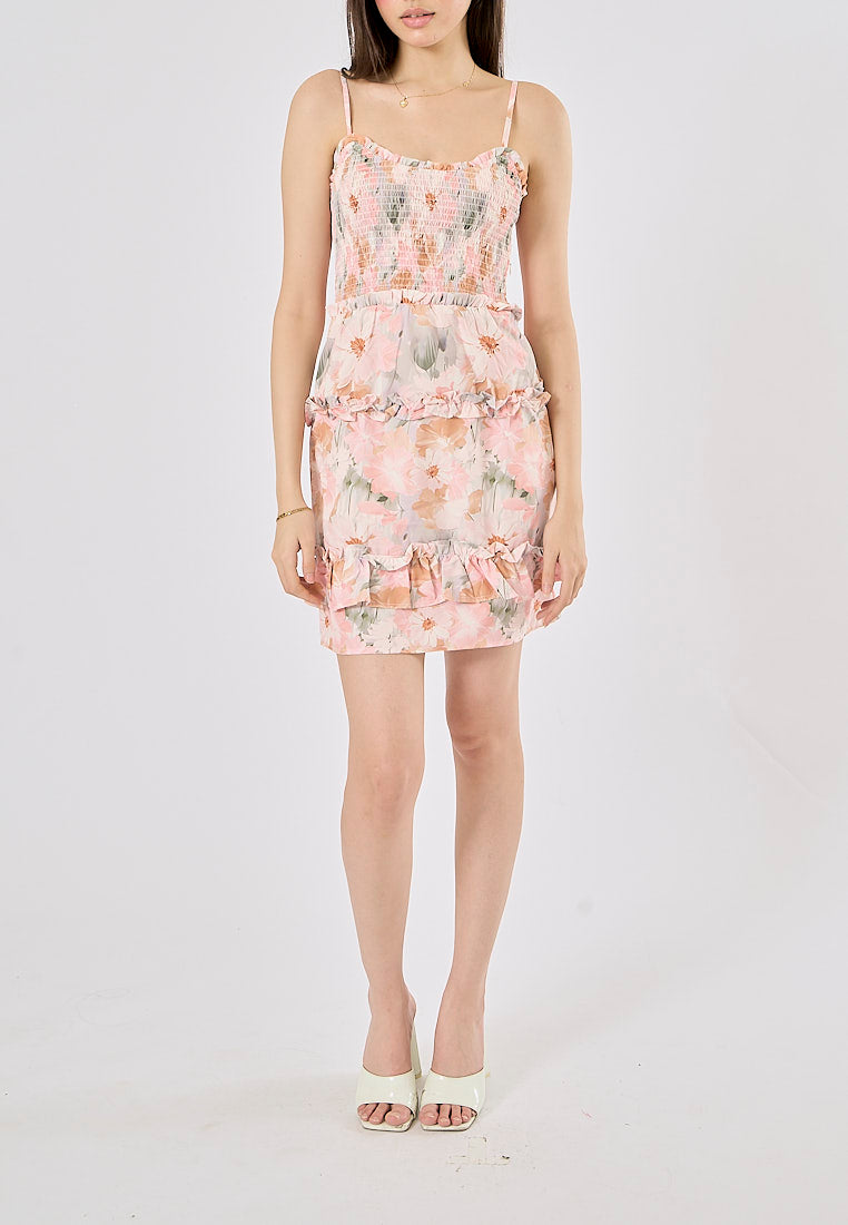 Malibu Pink Floral Print Smocked Mini Dress