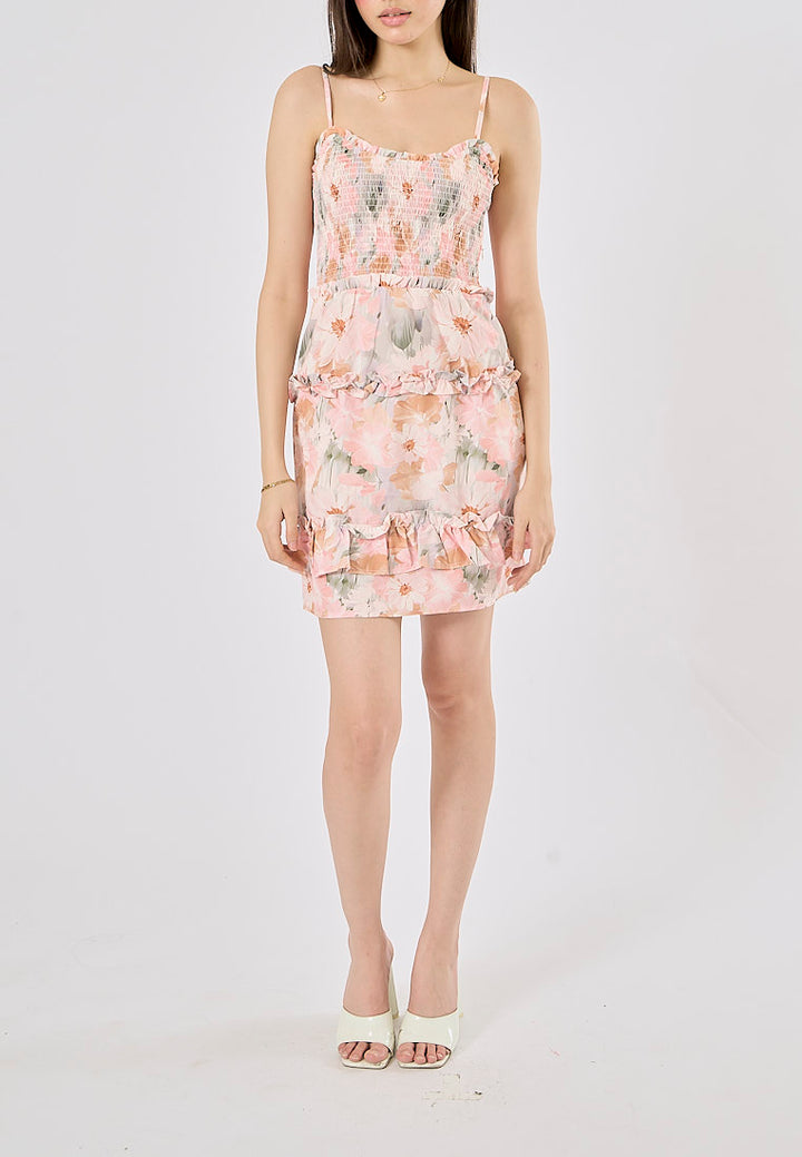 Malibu Pink Floral Print Smocked Mini Dress