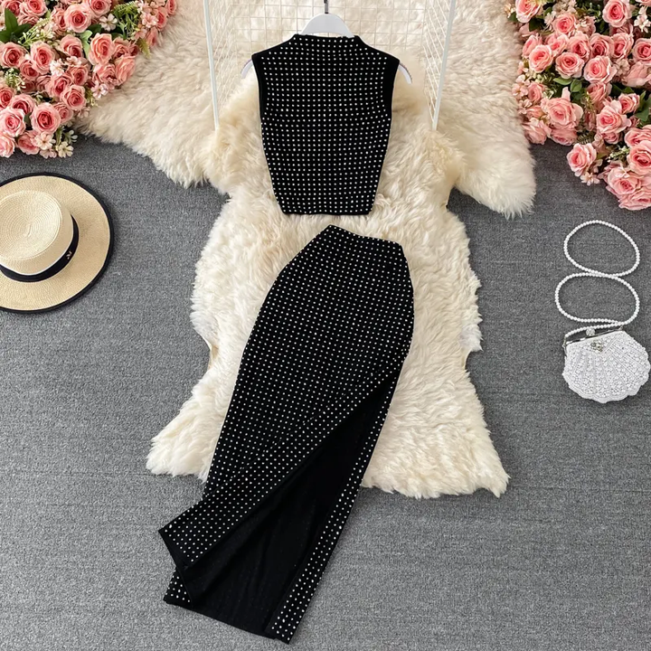 Everlee Black Round Neck Beaded Top and Maxi Skirt Set