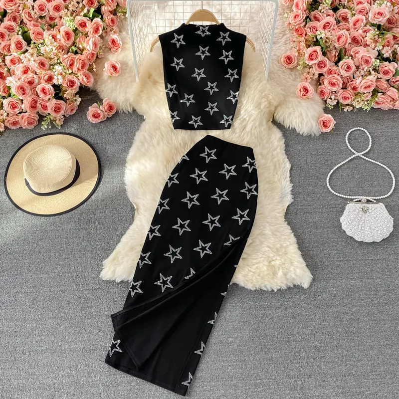 Everlee Black Round Neck Star Detail Top and Maxi Skirt Set
