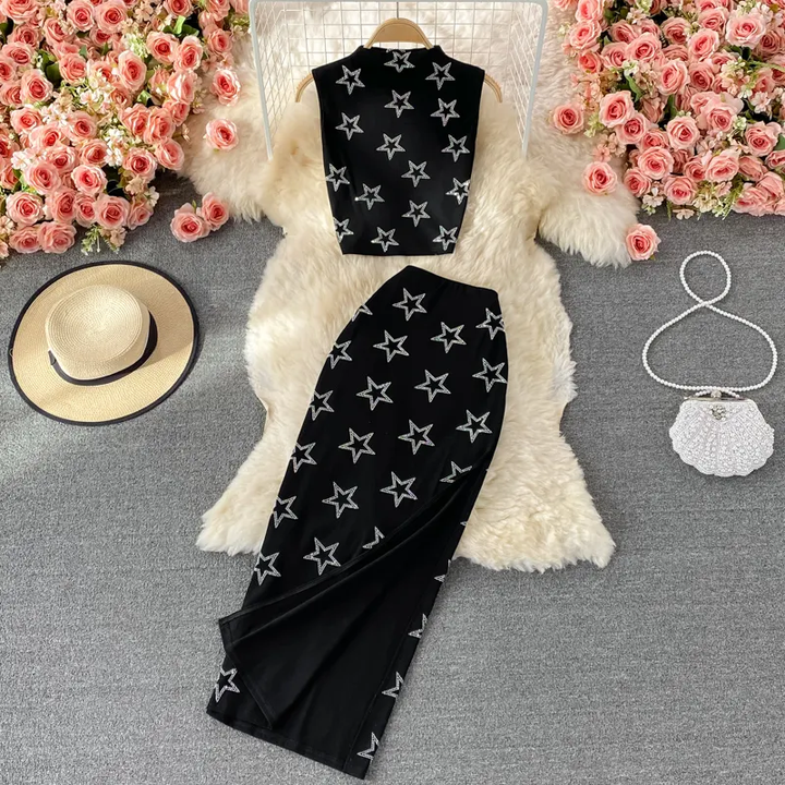 Everlee Black Round Neck Star Detail Top and Maxi Skirt Set
