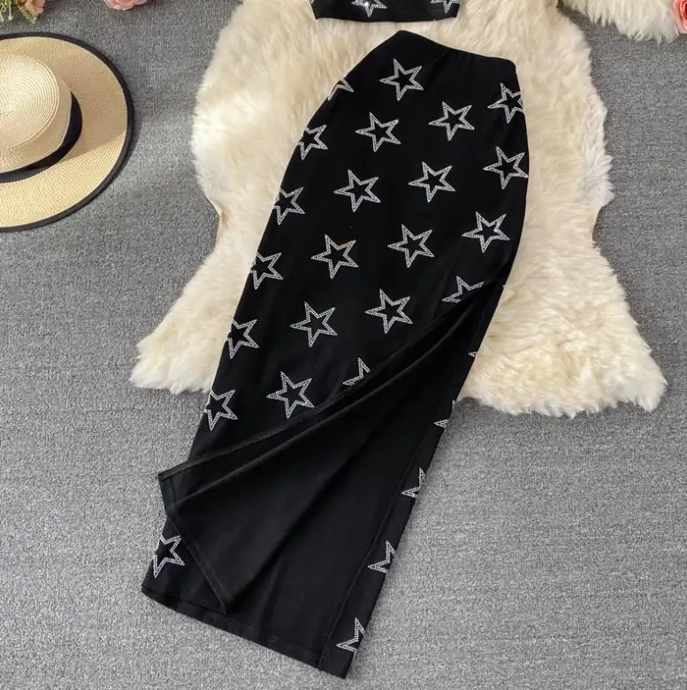 Everlee Black Round Neck Star Detail Top and Maxi Skirt Set
