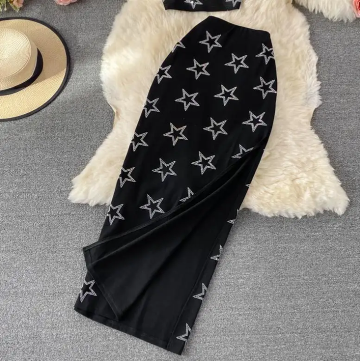 Everlee Black Round Neck Star Detail Top and Maxi Skirt Set