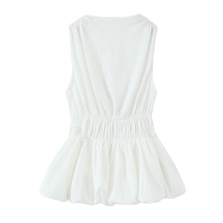 Lathan White Deep V Neck Elastic Waist Front with Bow Sleeveless Top