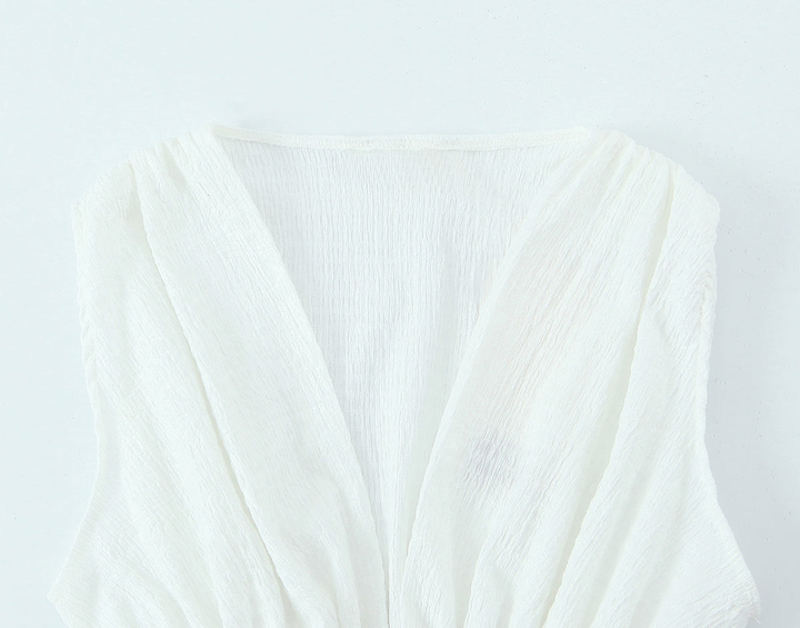 Lathan White Deep V Neck Elastic Waist Front with Bow Sleeveless Top