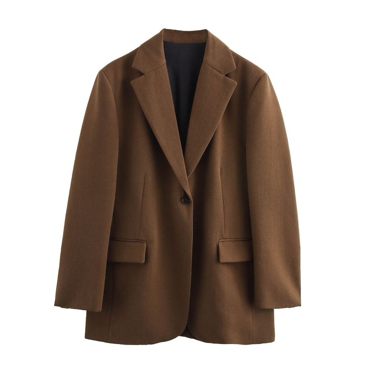 Nova Carob Brown Notched Collar Single Button Oversize Blazer Jacket