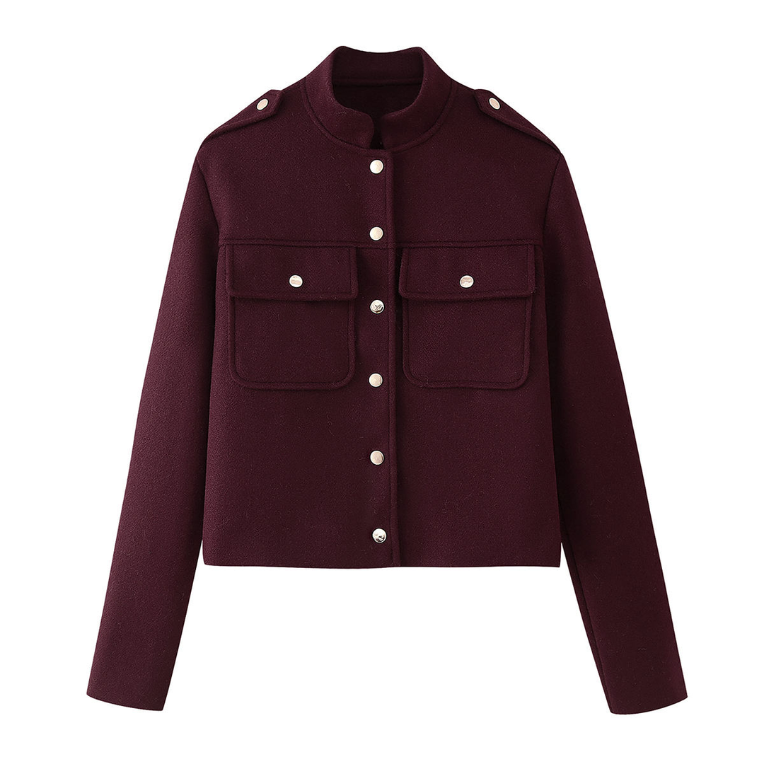 Blaise Burgundy Stand Collar Long Sleeve Short Trench Coat Jacket