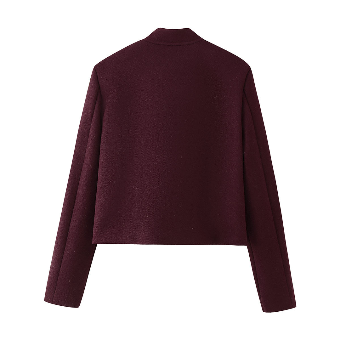 Blaise Burgundy Stand Collar Long Sleeve Short Trench Coat Jacket