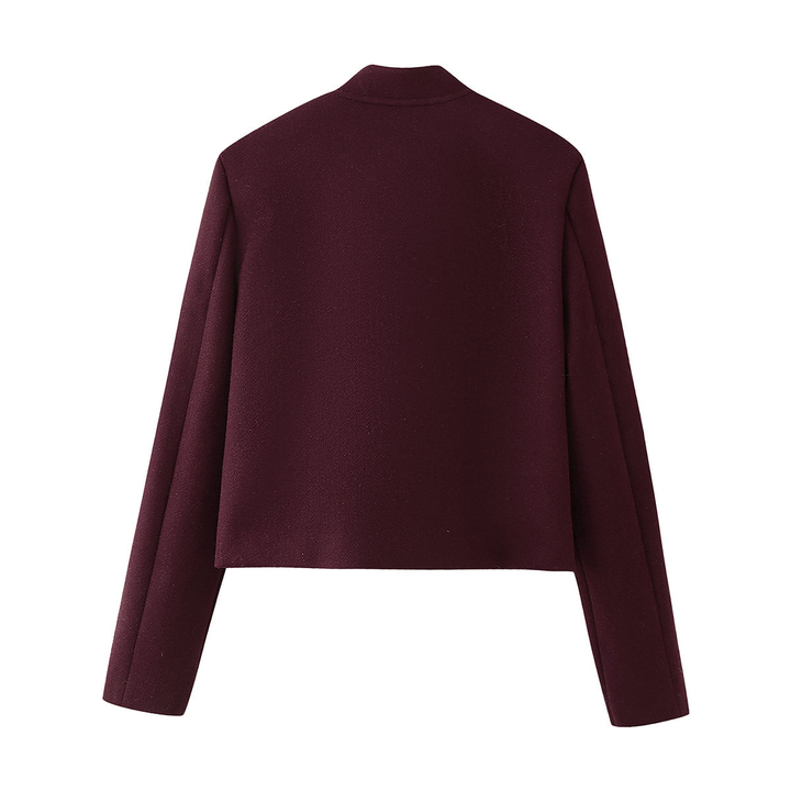 Blaise Burgundy Stand Collar Long Sleeve Short Trench Coat Jacket