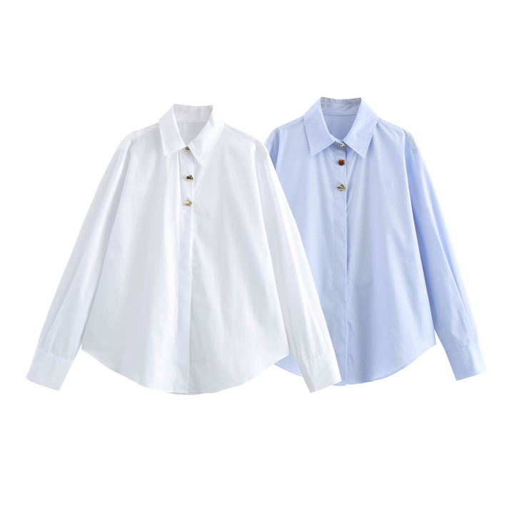 Wesson White Turn Down Collar Long Sleeve Top