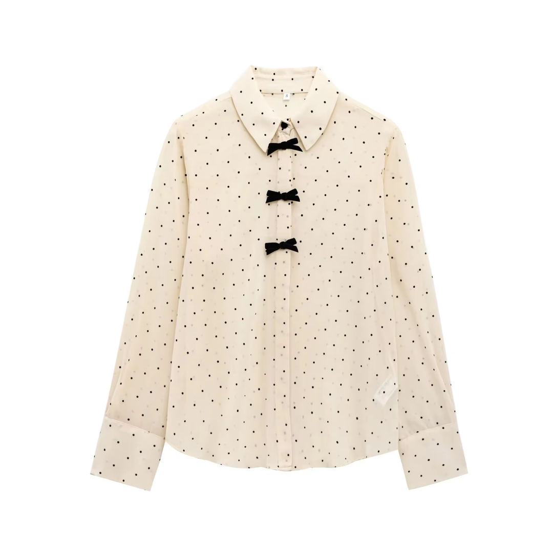 Aydin Khaki Polka Dot Front with Bow Long Sleeve Top