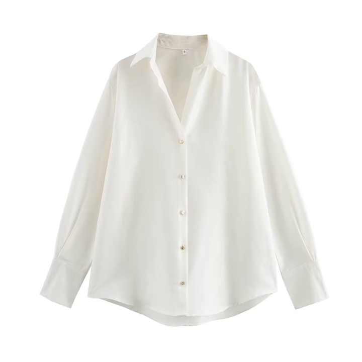 Luchie White Turn Down Collar Buttons Up Long Sleeves Top