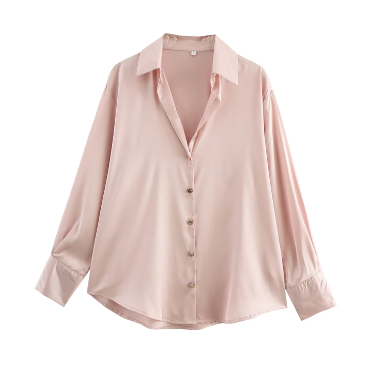 Luchie Light Pink Turn Down Collar Buttons Up Long Sleeves Top