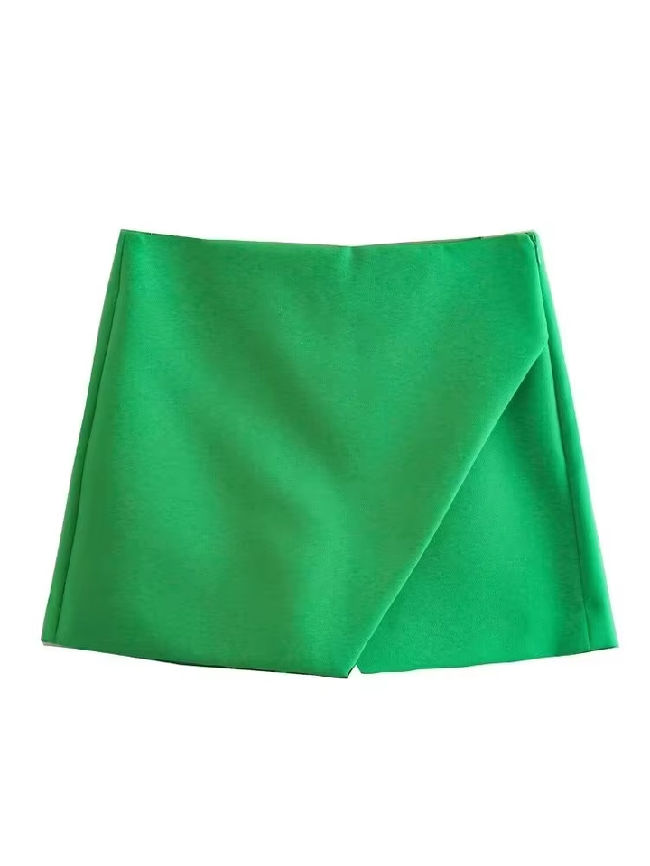 Flynn Green Front Overlap Side Zipper Casual Mini Skorts
