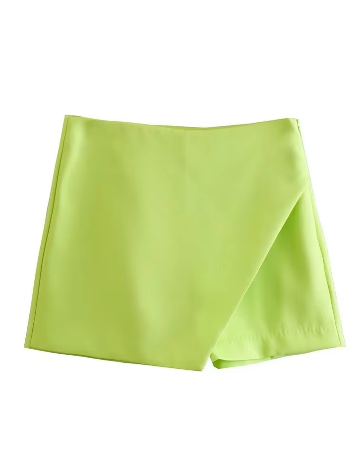 Flynn Light Green Front Overlap Side Zipper Casual Mini Skorts