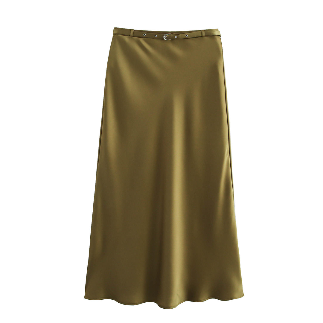 Baylor Khaki Satin Straight Cut with Belt Midi Skirt