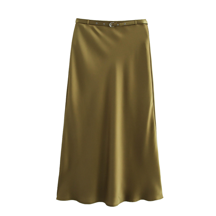 Baylor Khaki Satin Straight Cut with Belt Midi Skirt