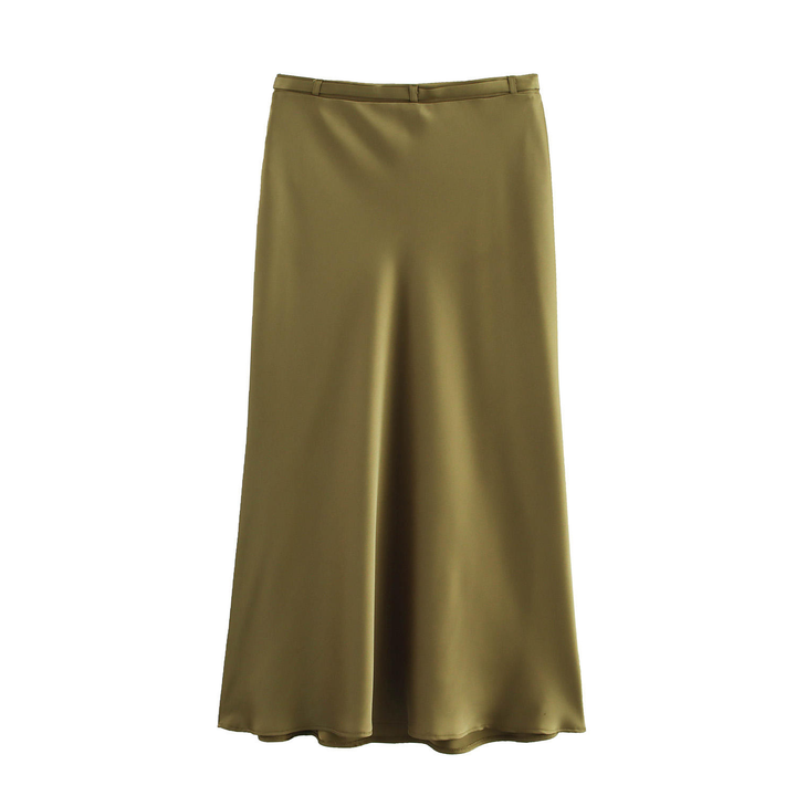 Baylor Khaki Satin Straight Cut with Belt Midi Skirt