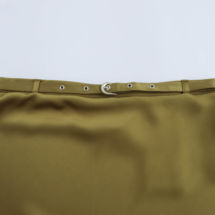 Baylor Khaki Satin Straight Cut with Belt Midi Skirt