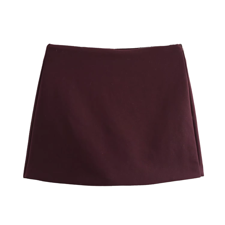 Harlan Burgundy Front Overlap Side Zipper and Back Pocket Casual Mini Skorts