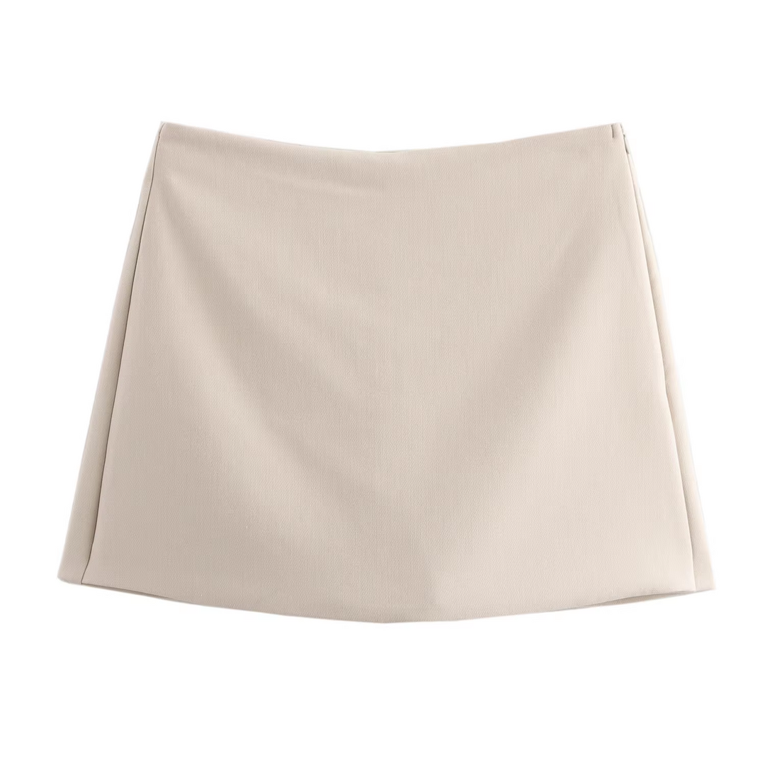 Harlan Beige Front Overlap Side Zipper and Back Pocket Casual Mini Skorts