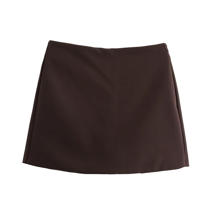 Harlan Brown Front Overlap Side Zipper and Back Pocket Casual Mini Skorts
