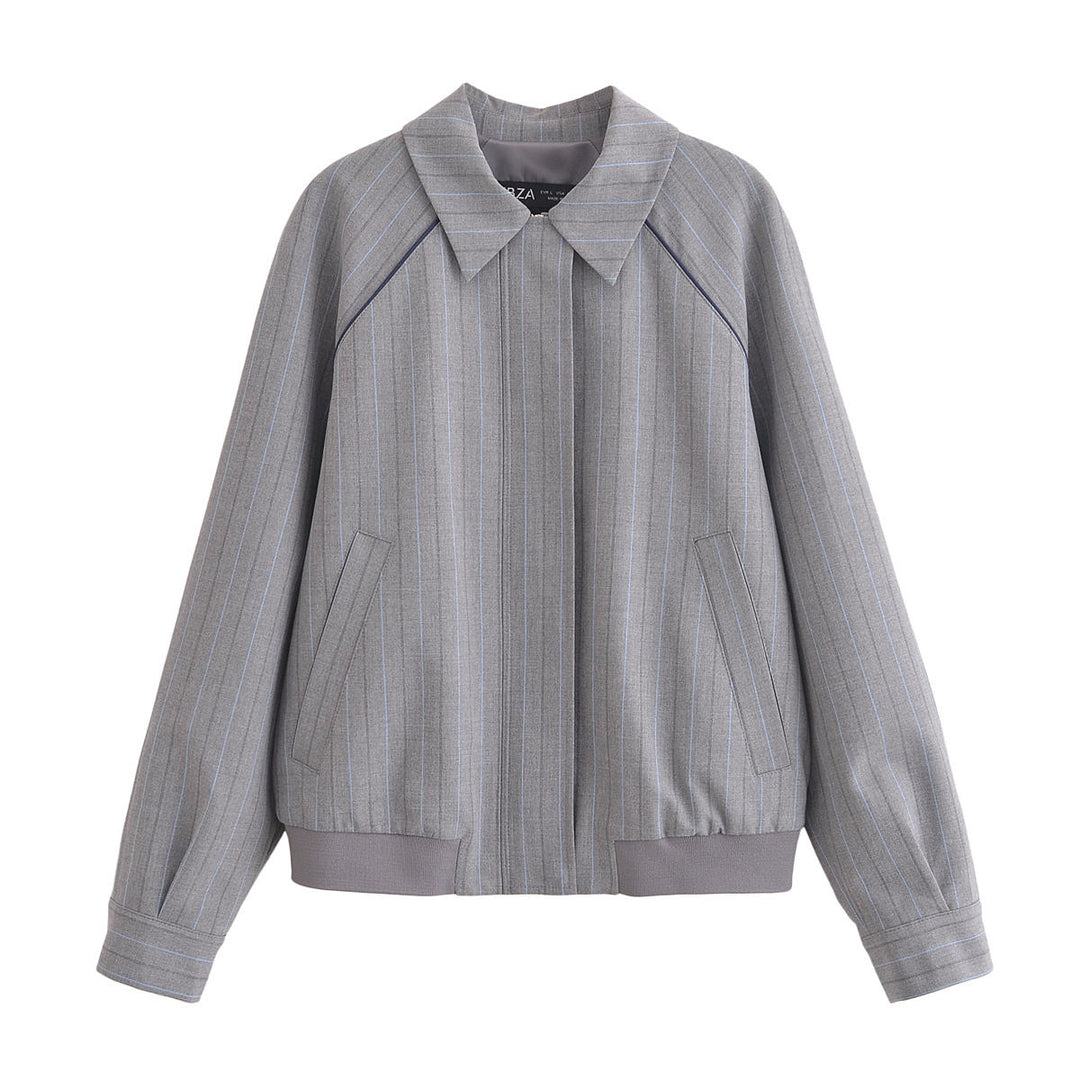 Chai Grey Color Turn Down Collar Long Sleeve Vintage Casual Jacket