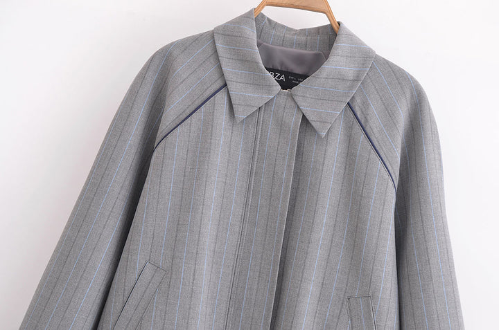 Chai Grey Color Turn Down Collar Long Sleeve Vintage Casual Jacket
