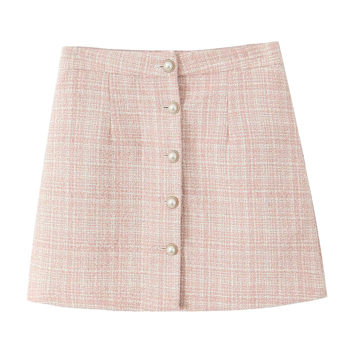 Aden Pink Tweed Buttons up Solid Color Casual Fashion Mini Skirt
