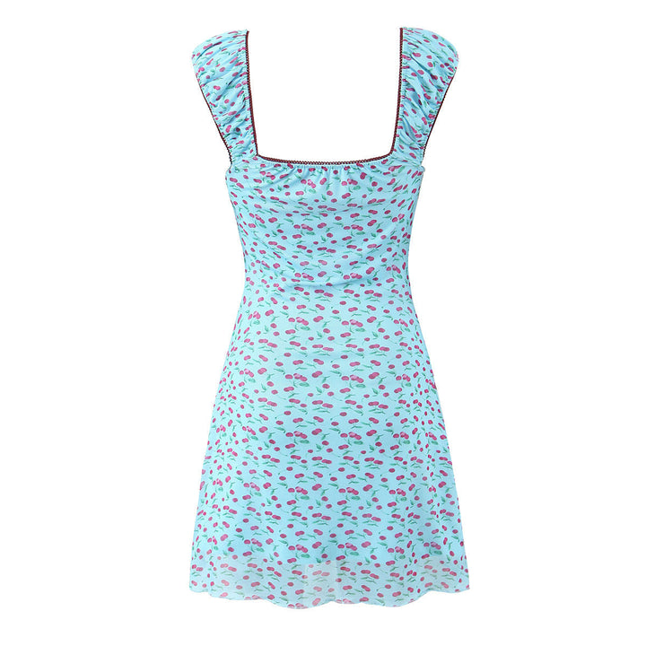 Kian Blue Cherry Print Square Collar Sleeveless Mini Dress