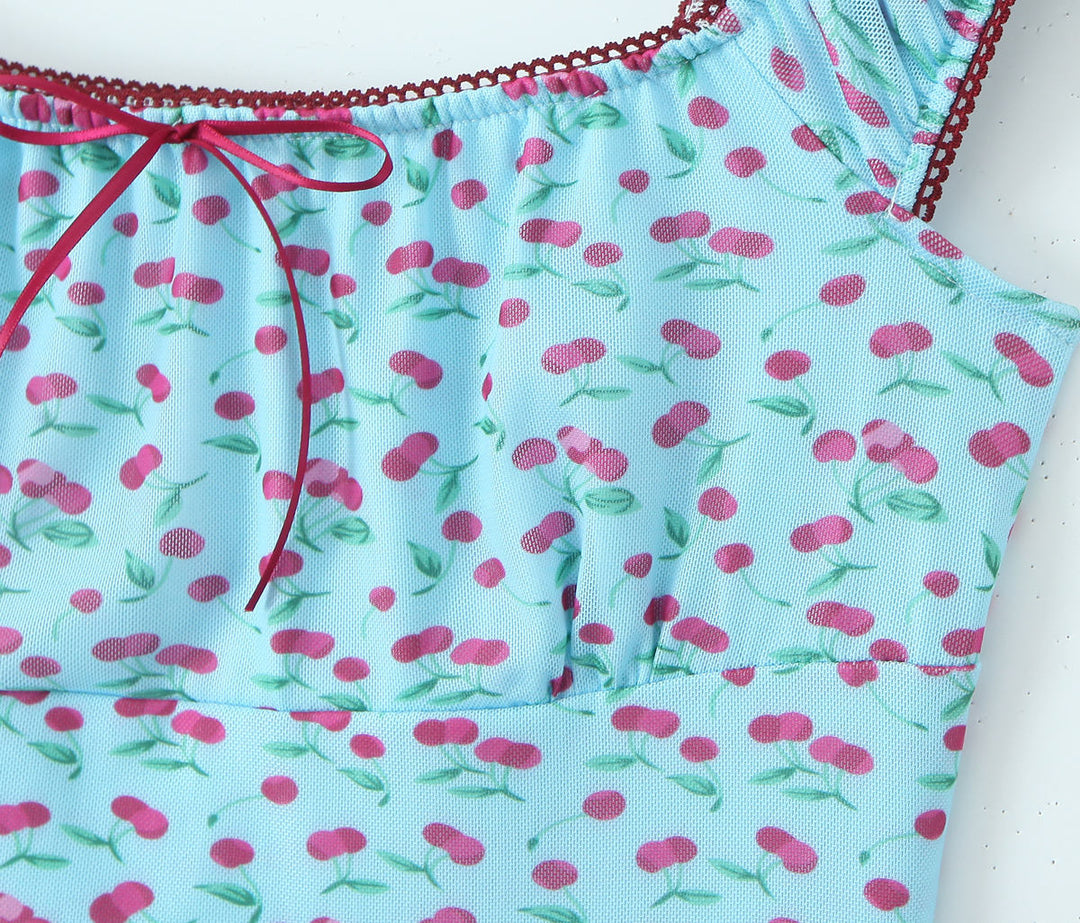 Kian Blue Cherry Print Square Collar Sleeveless Mini Dress